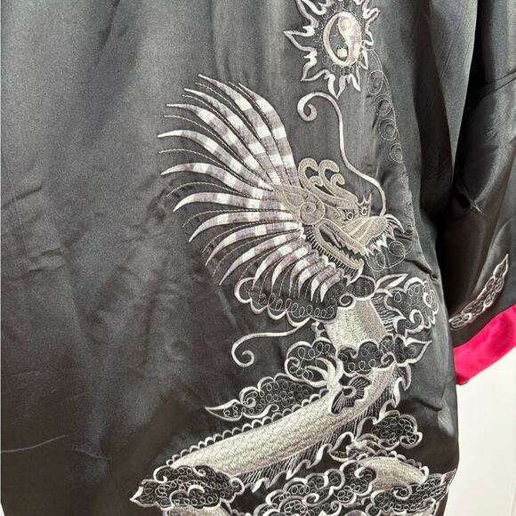 Reversible Satin Japan Belted Kimono Robe - Dragon Embroidered Red Black Long - Picture 7 of 9